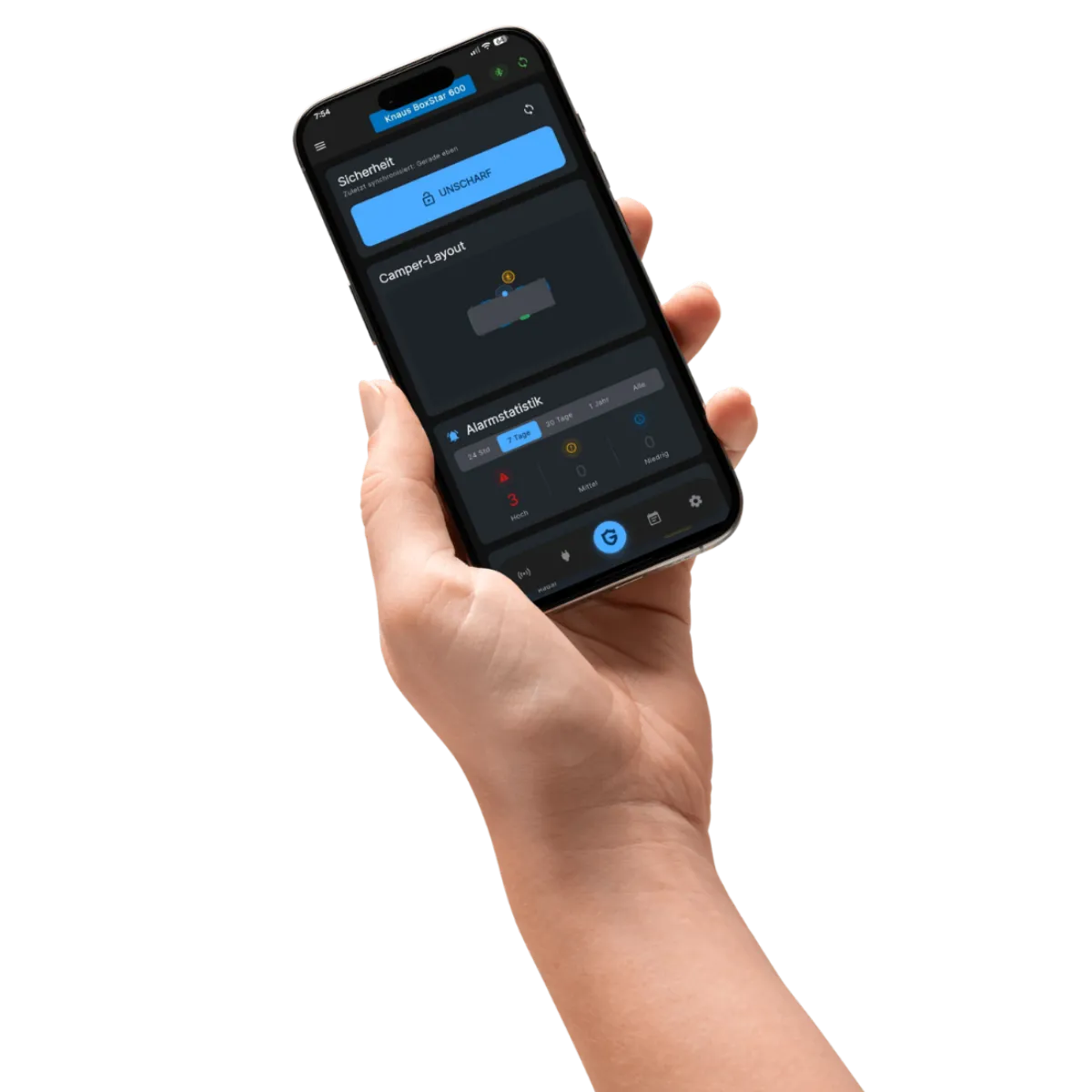 Hand mit Smartphone und der CamperGuard Sicherheitsansicht