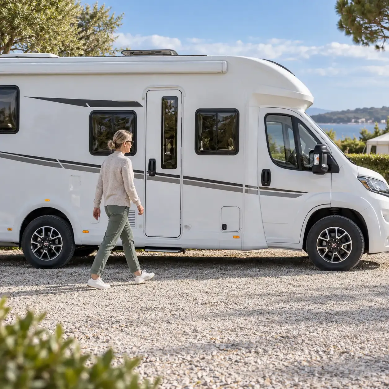 Eine Frau geht an der geschlossenen Aufbautür eines Wohnmobils vorbei
